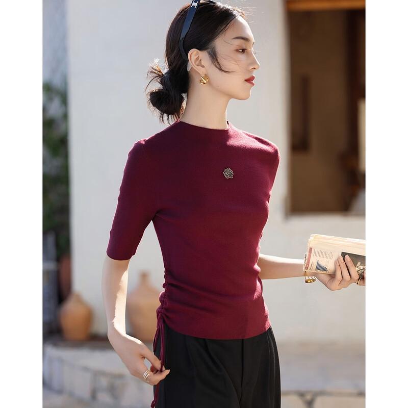Women's Slim-Fit Drawstring Semi-High Collar Knit Top