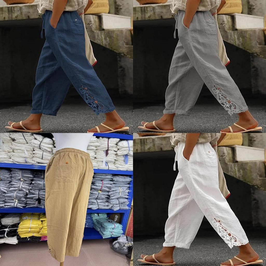 Casual Cotton Pants With Lace Patchwork And High Waist For Womens Fall Fashion