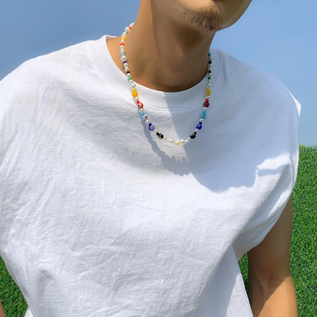 Glass Flower Patchwork Colorful Beaded Necklace for Men Trendy Fashionable Sunshine Boy Colorful Versatile Collarbone Chain