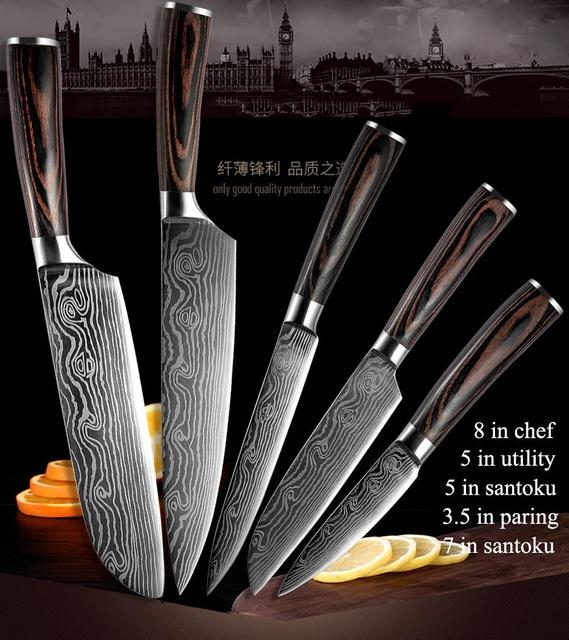 5PCS Kitchen Knife Stainless Steel Blade Damascus Laser Chef Knife Set