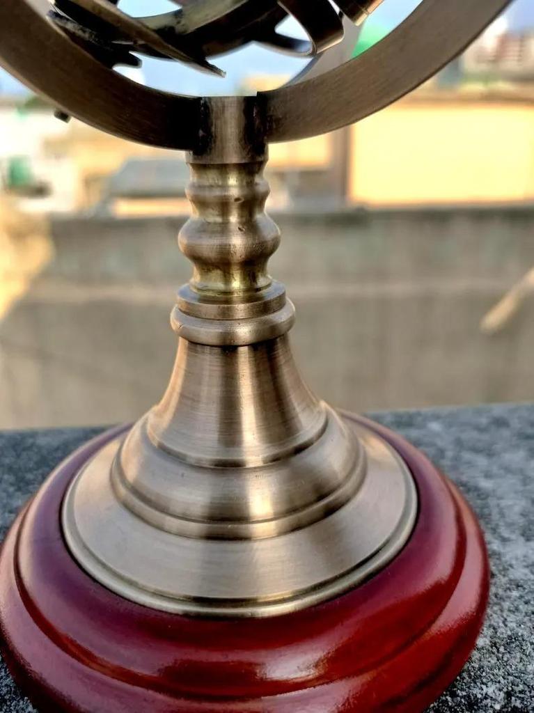 Antique Brass Armillary Sphere Globe On Wooden Stand – Nautical Desk Decor & Vintage Home Decoration