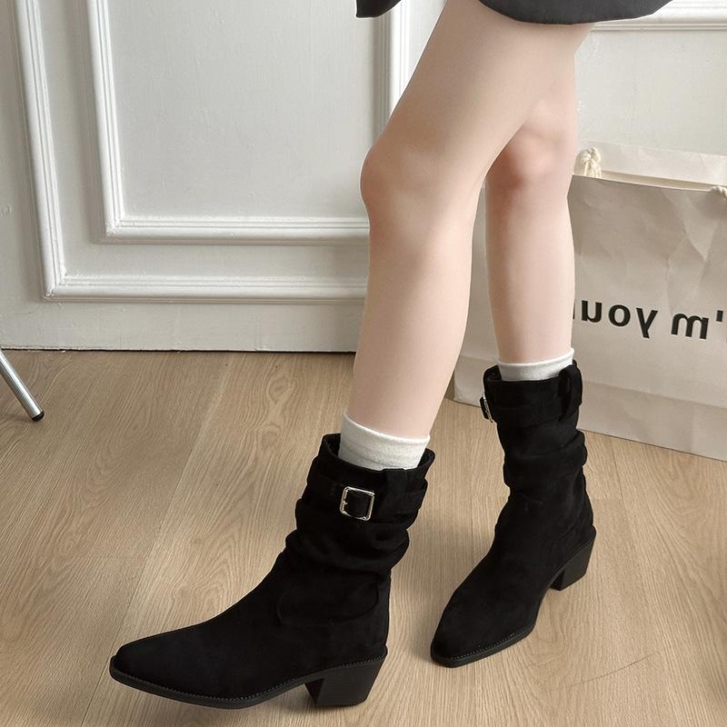 Belt Buckle Suede Thick Heel Short Boots Women's 2025 Autumn and Winter New Retro Square Head Pleated Pile Boots Western Cowboy Boots