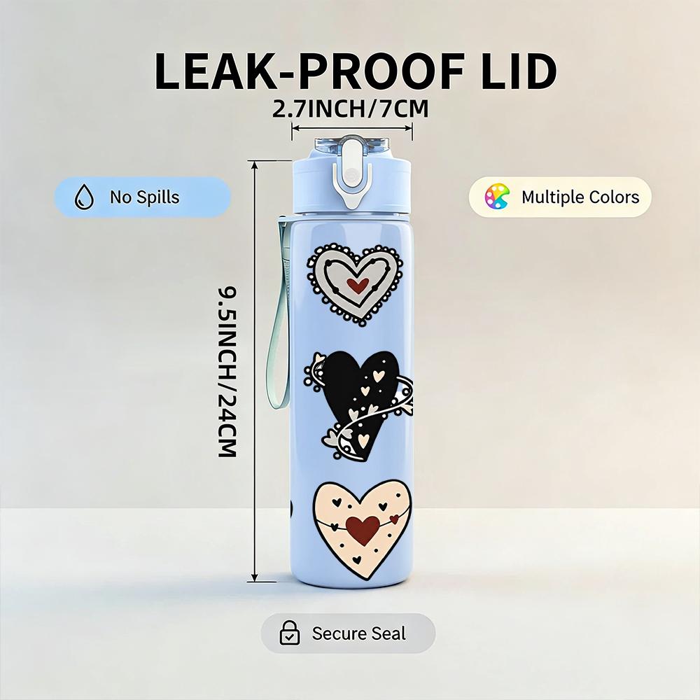 1PC Multi Style Heart Collection 750ml Color Plastic Sports Water Bottle Leakproof Flip Straw Lid Suitable for Sports Office Home Use