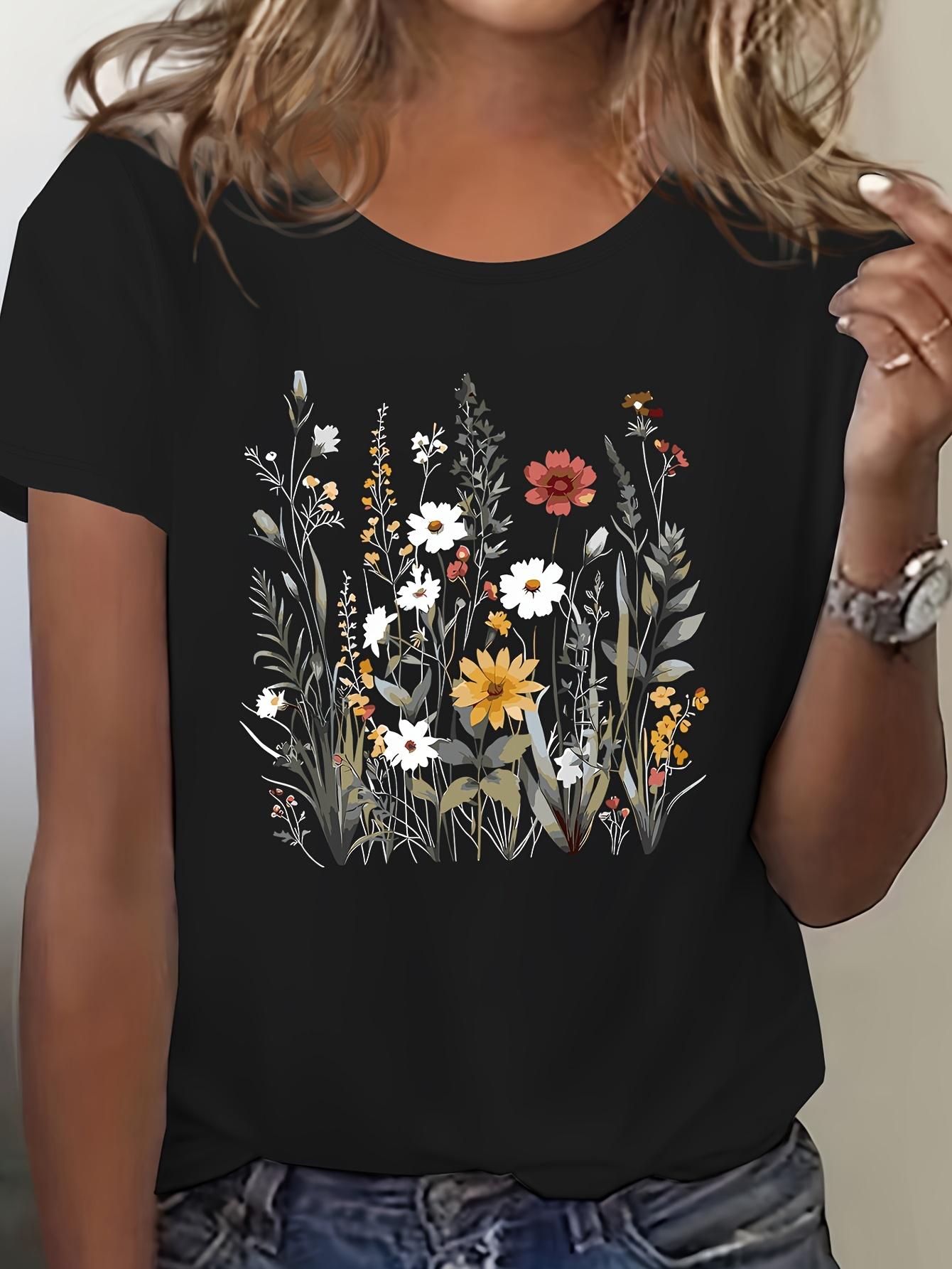 

Women s Floral Print T-Shirt - Vibrant Blue Short Sleeve Crew Neck Top with Medium Stretch, Natureinspired Design 4XL