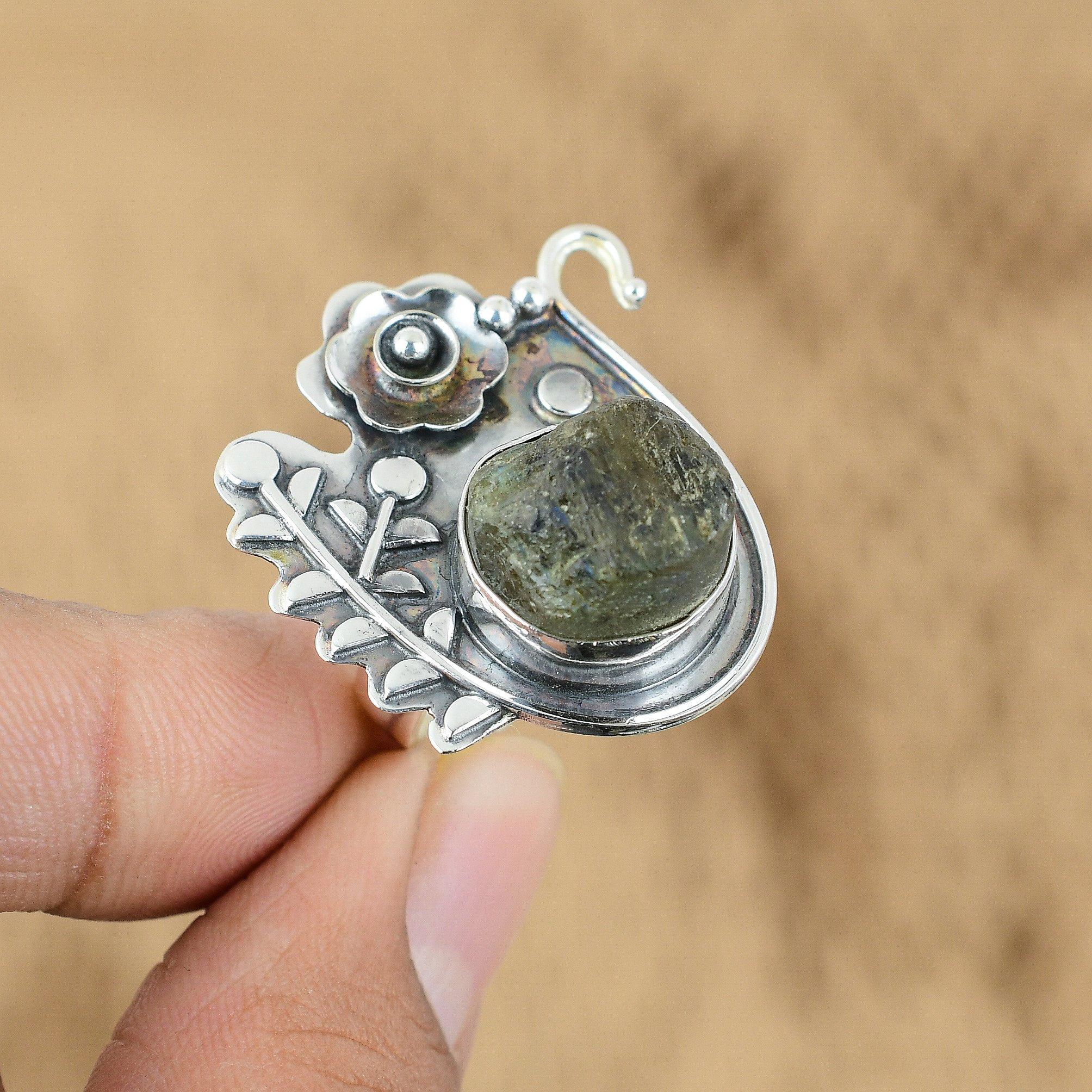 

Natural Labradorite Rough Promise Flower Adjustable Ring 925 Silver For Women Yes