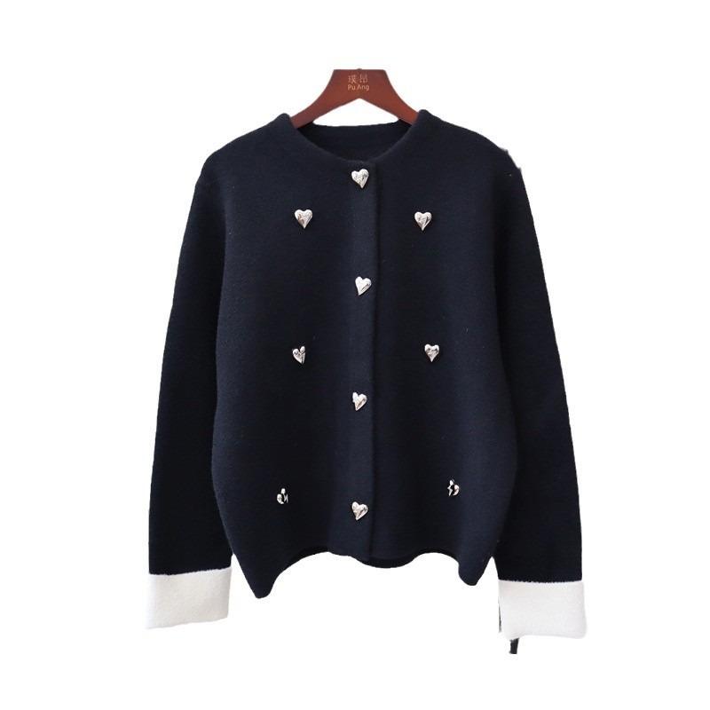 Love Contrasting Color Design Sense Knitted Double-sided Cardigan Autumn and Winter New Loose Sweater Jacket Women