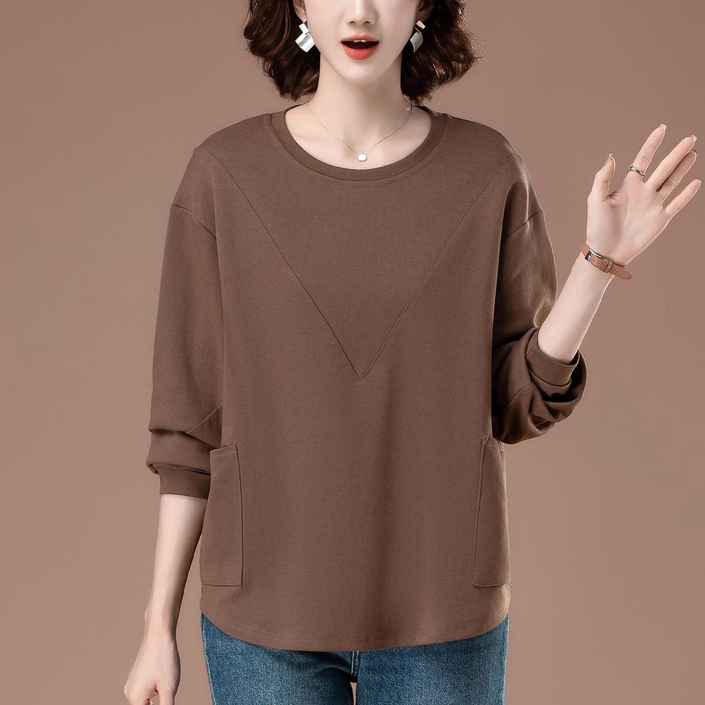 Plus Size Solid Color Long-Sleeve Shirt for Middle-Aged Women - Versatile Slimming Base for Spring & Autumn