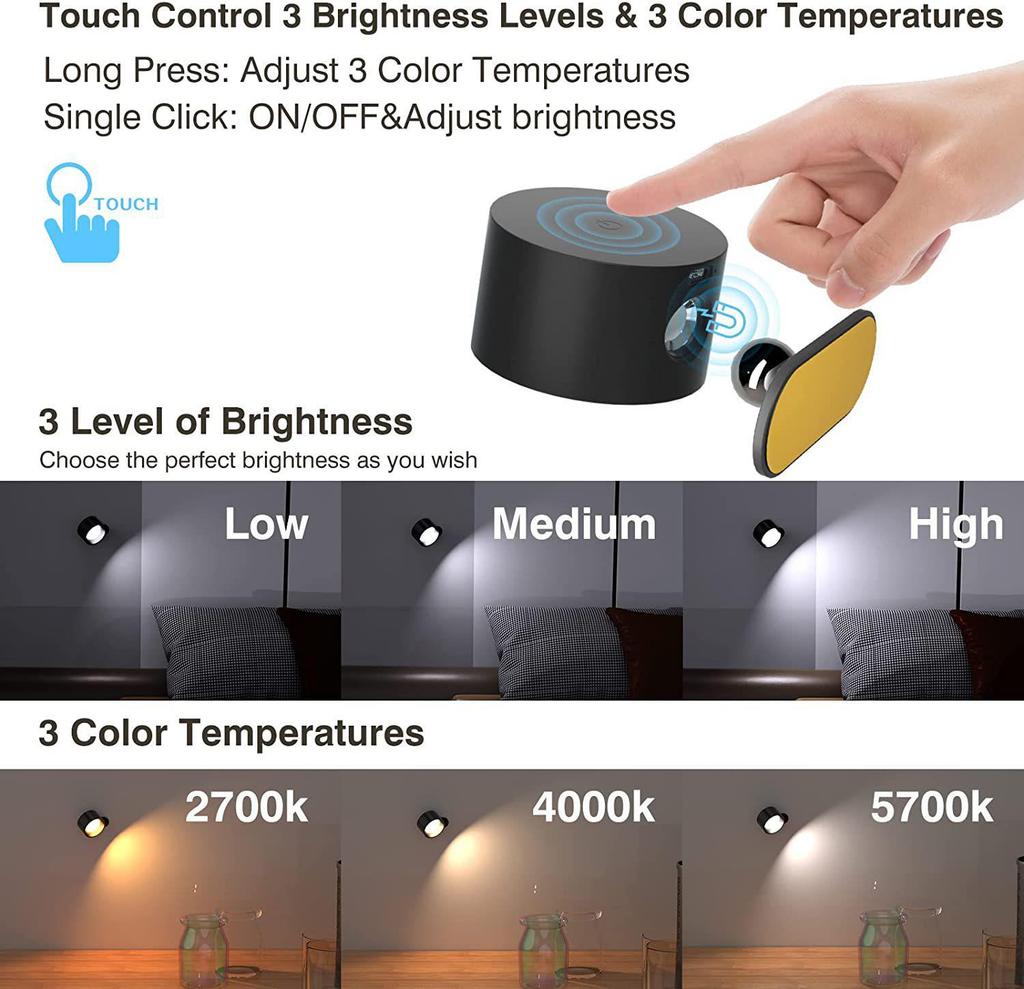 360° Rotating LED Wall Light: Rechargeable, Portable Touch-Control for Bedside Reading & Magnetic Cabinet Use.