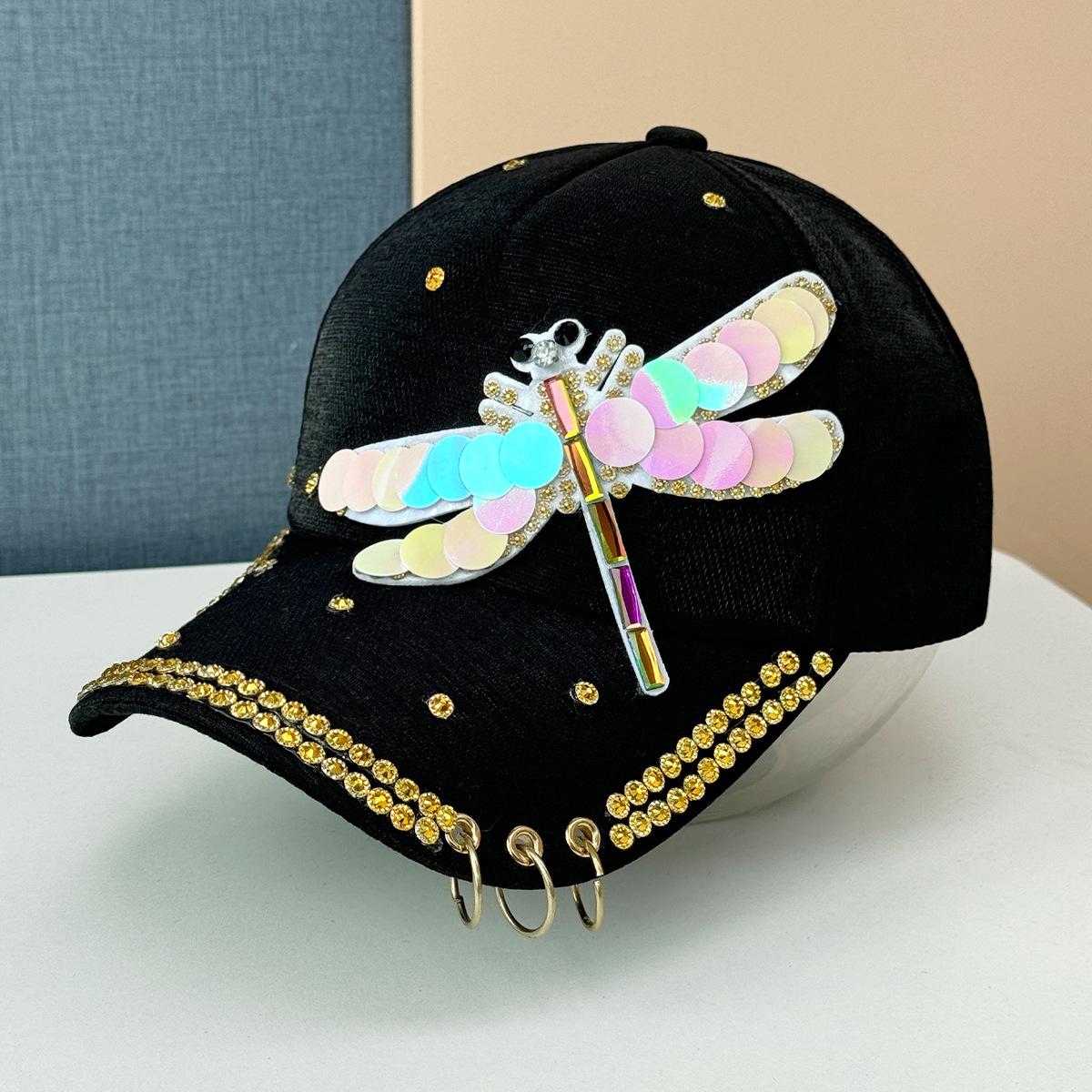 

New Hat Women s Spring Summer Sunscreen Baseball Cap Heavy Industry Diamond Sequin Hanging Ring Peaked Cap Outdoor Sun Hat Adjustable чорний