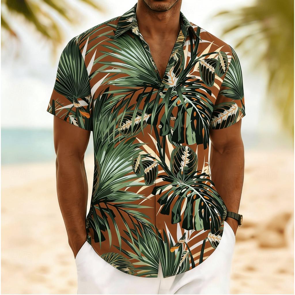 Men's Tropical Monstera & Palm Leaf Print Short Sleeve Shirt, Spring Summer Vintage Hawaiian Vacation