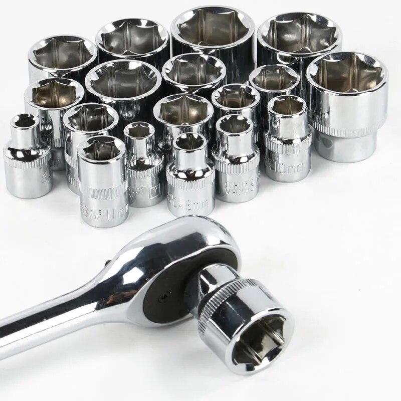 Cap cheie hexagonală de 3/8" cu antrenare 10mm cheie hexagonală antirugină 6mm-24mm set de prize Adaptor cheie cuplifică Instrument de reparație auto 28mm lungime