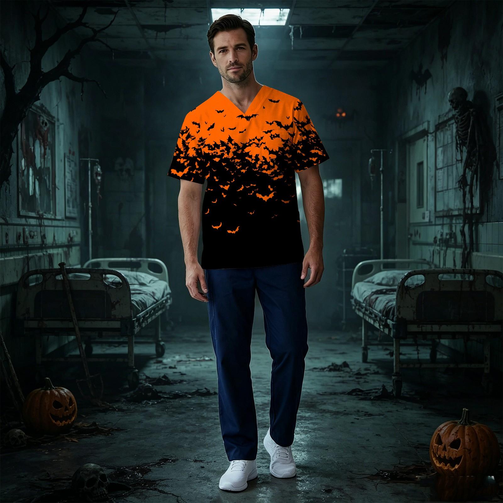 Men s Short Sleeve V-Neck Scrub Top with Chest Pocket Halloween Print S