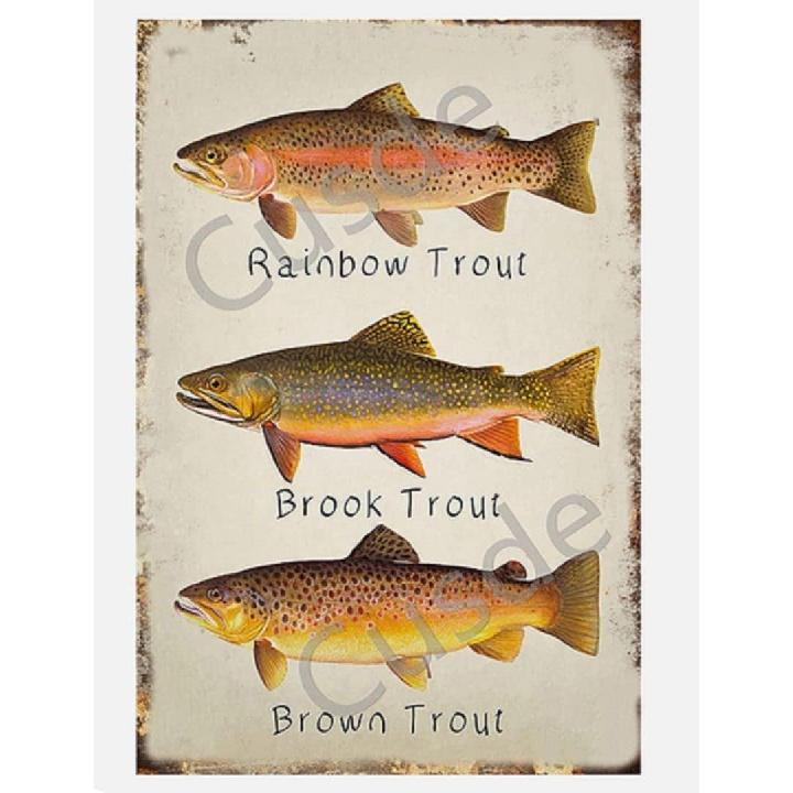 Cusde Rainbow Trout Metal Tin Sign Brook Trout Wall Art Brown Trout Vintage Retro Decoration Poster Plaques Decor Funny Novelty Garage Room Home Cafe
