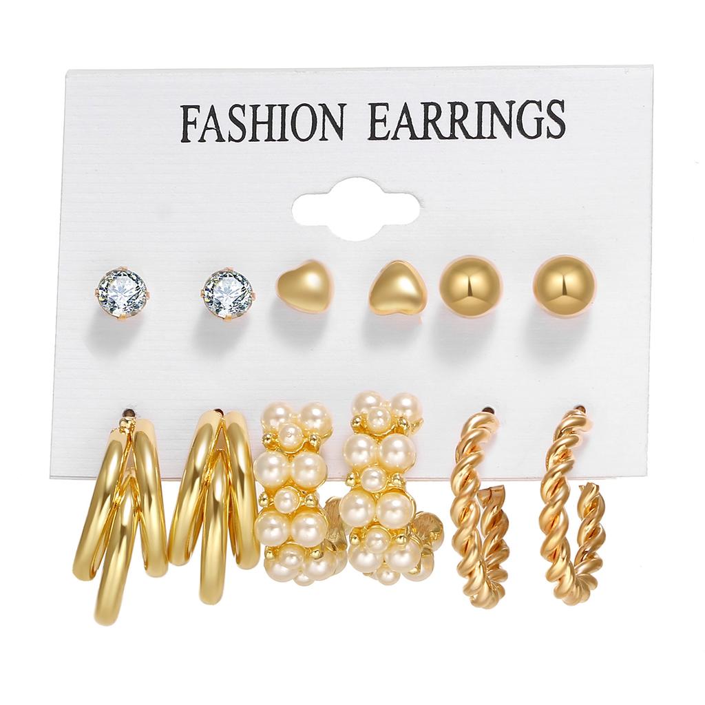Alloy Ear Ring Square Geometric Shape Earrings Set - 6-piece Vintage Pearl Packaged Earrings Jewelry Set