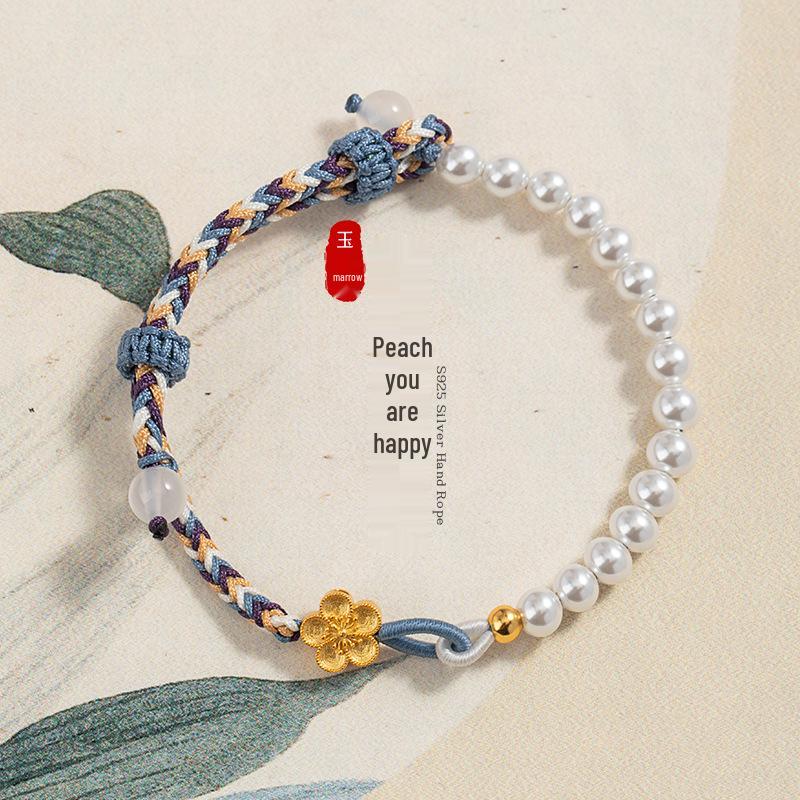 

Peach Blossom Sterling Silver 925 Chalcedony Flower Woven Bracelet with Shijia Pearls