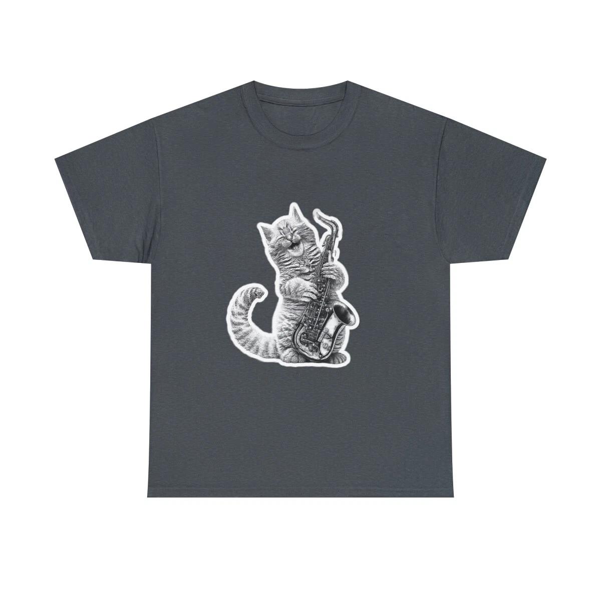 US Adults - music cat plays saxophone - b&w - Unisex Heavy Cotton Tee M