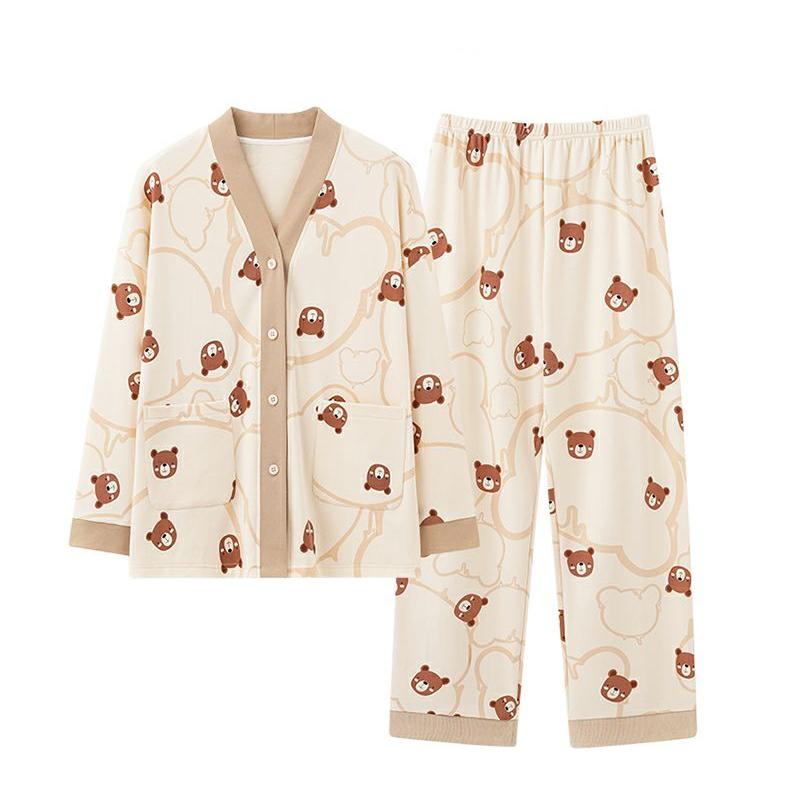 Pyjamas für Damen im Frühling und Herbst, Langarm-Set aus reiner Baumwolle, lockerer und süßer V-Ausschnitt, kann über dem Kimono und der Hauskleidung getragen werden
