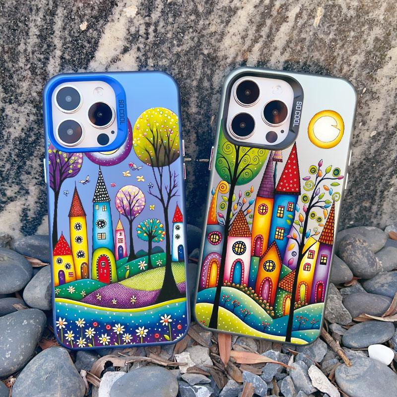 Colorful Forest Town Phone Case for Iphone 16 13 12 Pro Max 13 Mini 11 15 14 Pro Max Plus Fashion Laser Shockproof Back Cover
