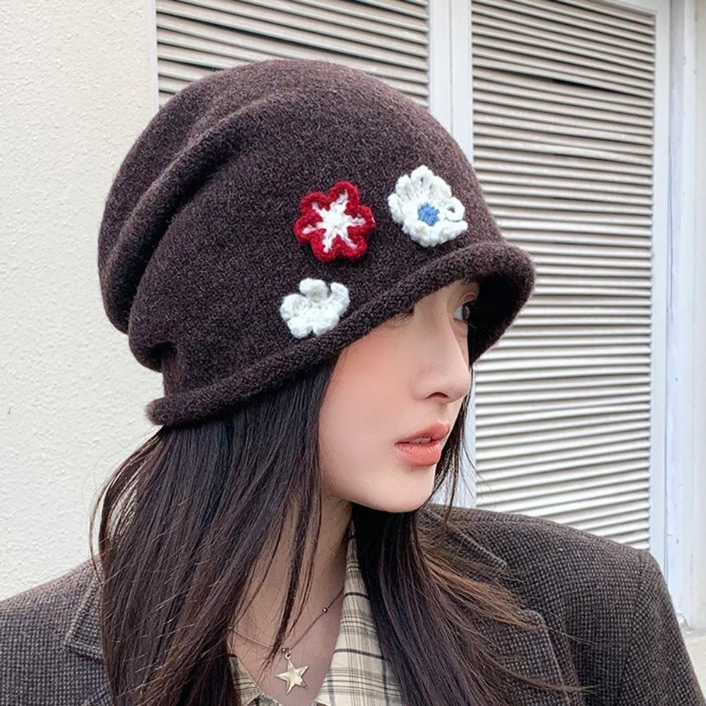 Flower Design Knitted Bucket Hat Korean Style Beanie Hat Sweet Warm Cap  Winter