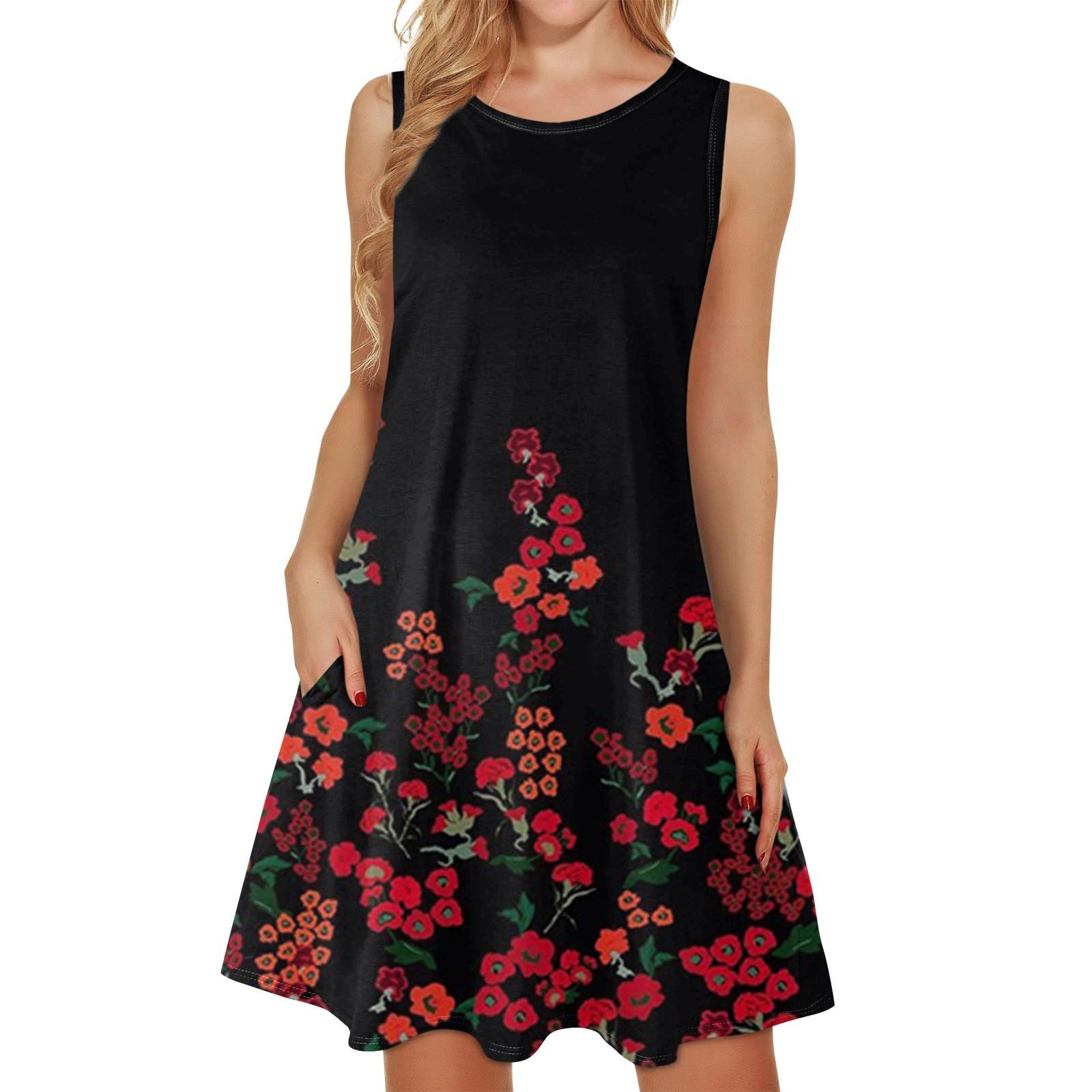 

Летнее женское повседневное пляжное платье без рукавов с принтом и круглым вырезом XXL красный