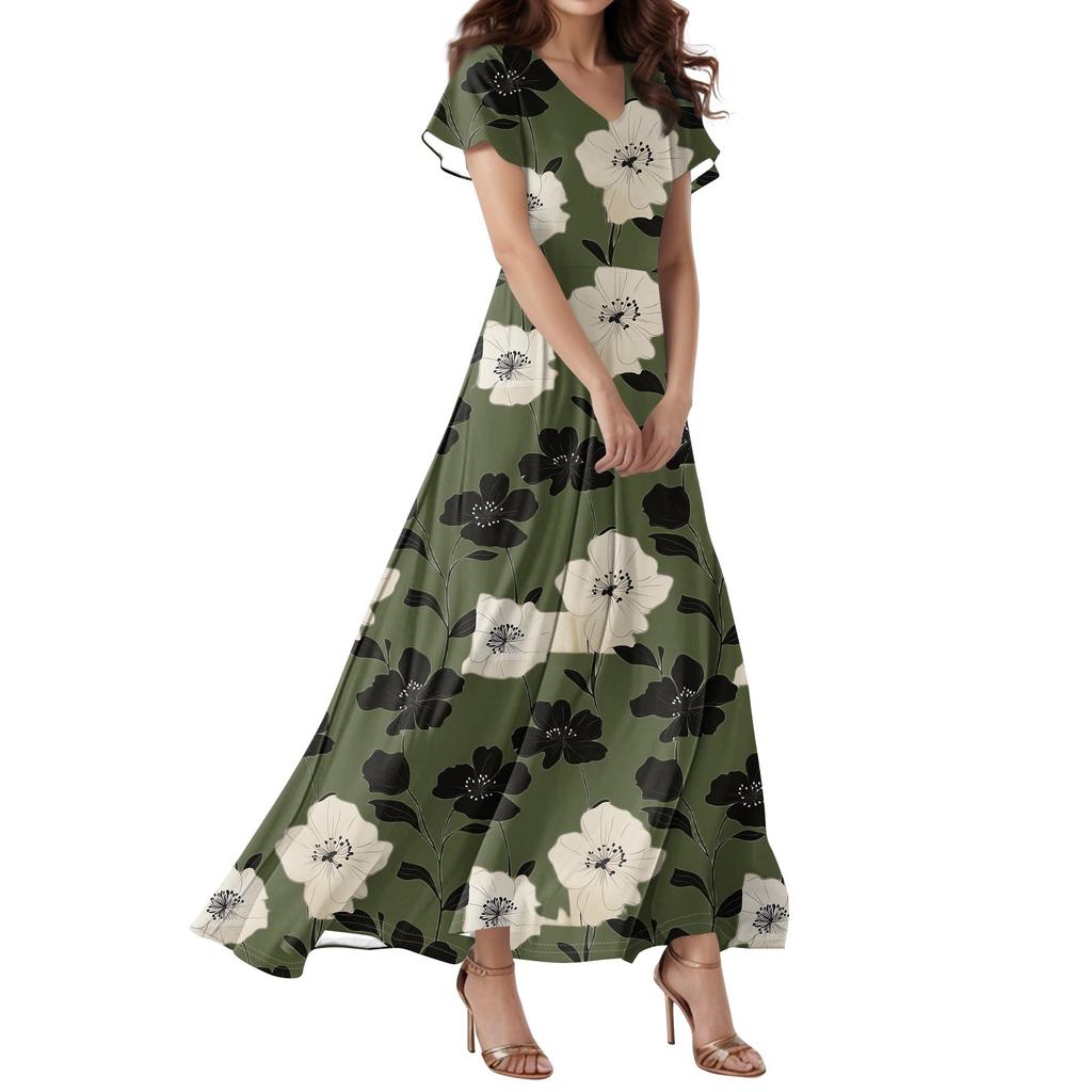 Lässiges Damenkleid mit V-Ausschnitt, kurzen Ärmeln und hoher Taille, Retro-Blumenblatt-Print