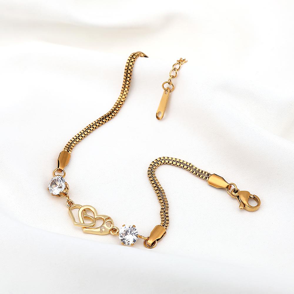 Cute Romantic Double Heart Rhinestone Stainless Steel Snake Chain Bracelet for Women Elegant Anniversary Party Gift Jewelry