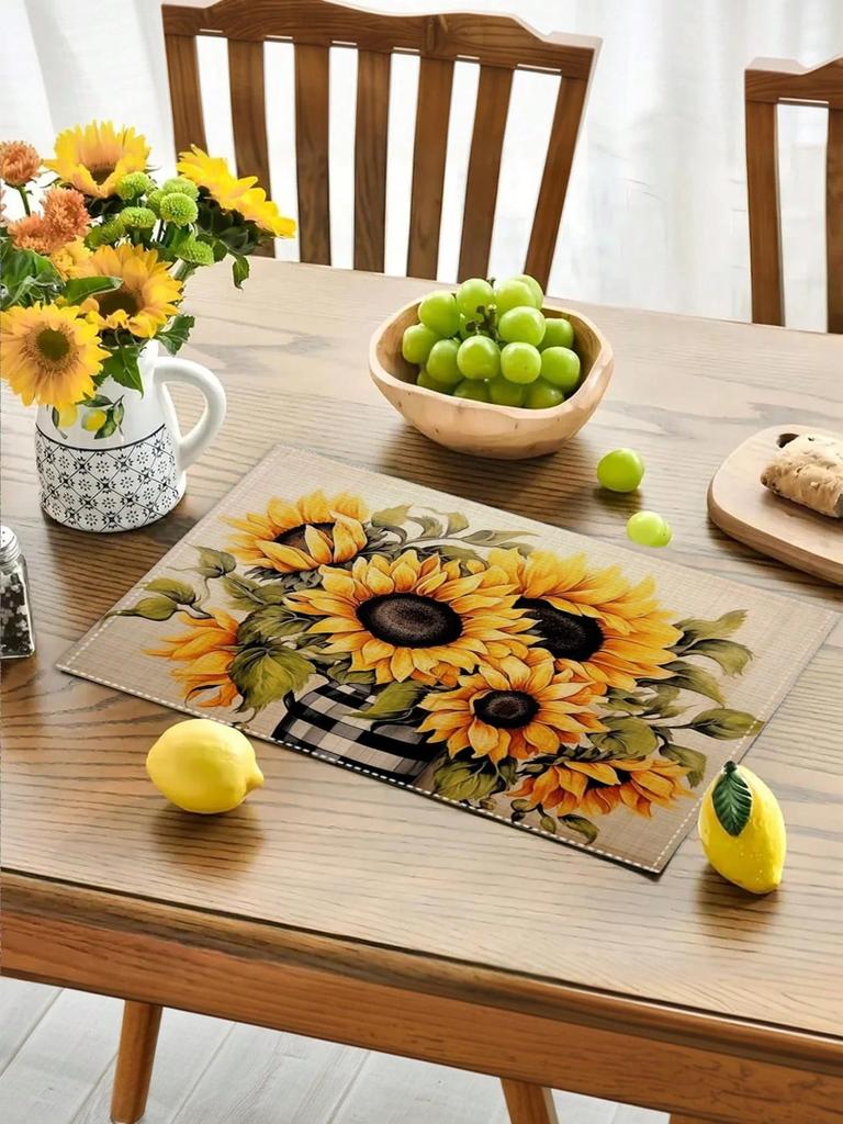 Sunflower Print Placemats Set - 4 Styles, Linen-Like Table Mats for Kitchen & Dining