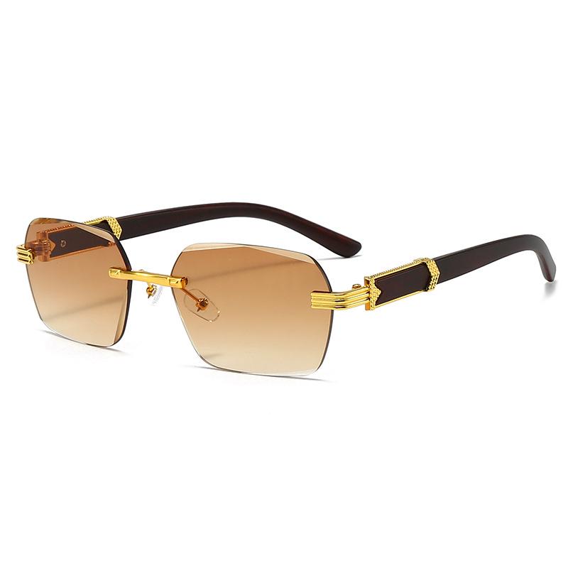 Trendy Frameless Sunglasses with Wood Grain Legs - European and American Irregular Square Design