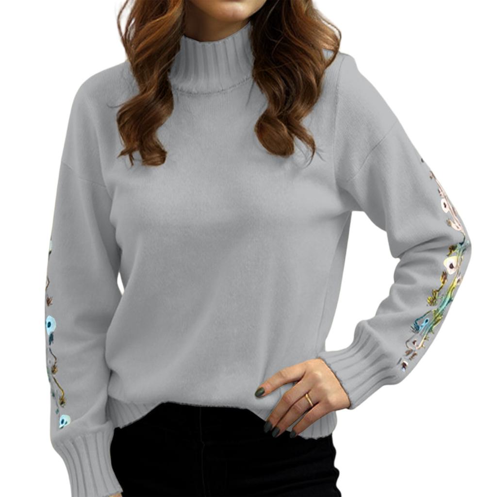 Women's Semi High Neck Long Sleeved Knitted Sweater Top, Loose Embroidered Sweater