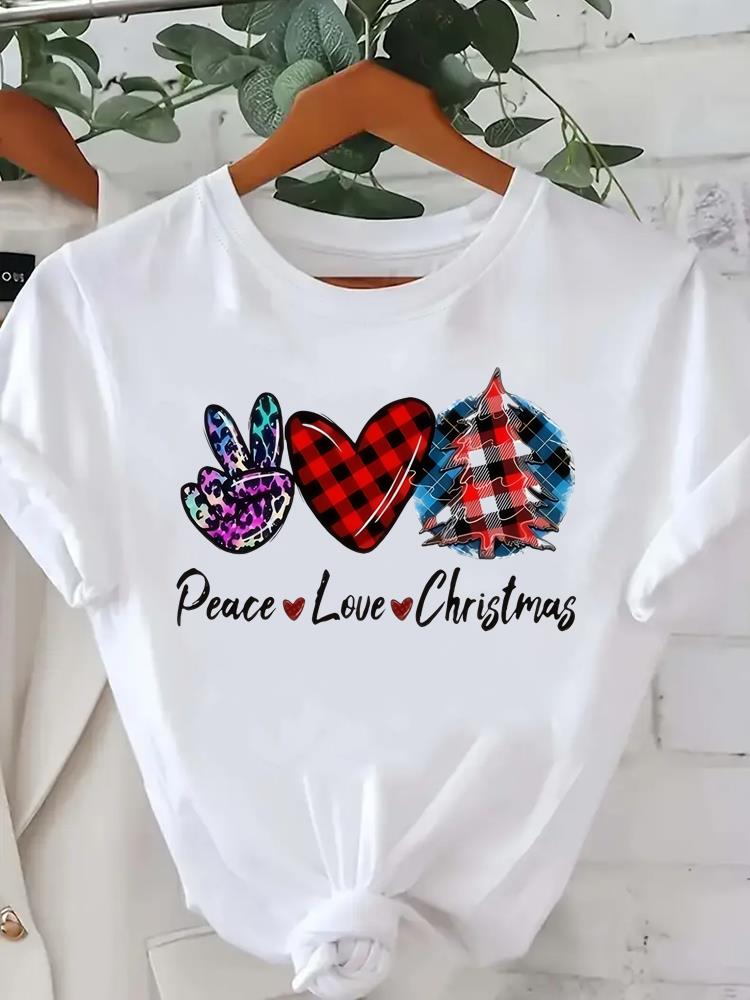 (Asian Size) star tree happy new year Tee merry Christmas festival O-neck Clothing Women's Top T Print Fashion ladies Graphic T-shirts