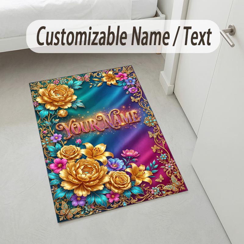 Floral Garden Theme Crystal Velvet Rug Personalized Custom Name Text Soft Floor Mat Home Decor