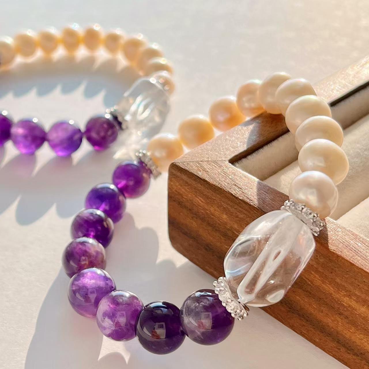 Vintage High-Quality Natural Freshwater Pearl Amethyst Bracelet, Basic Commuter Bracelet.