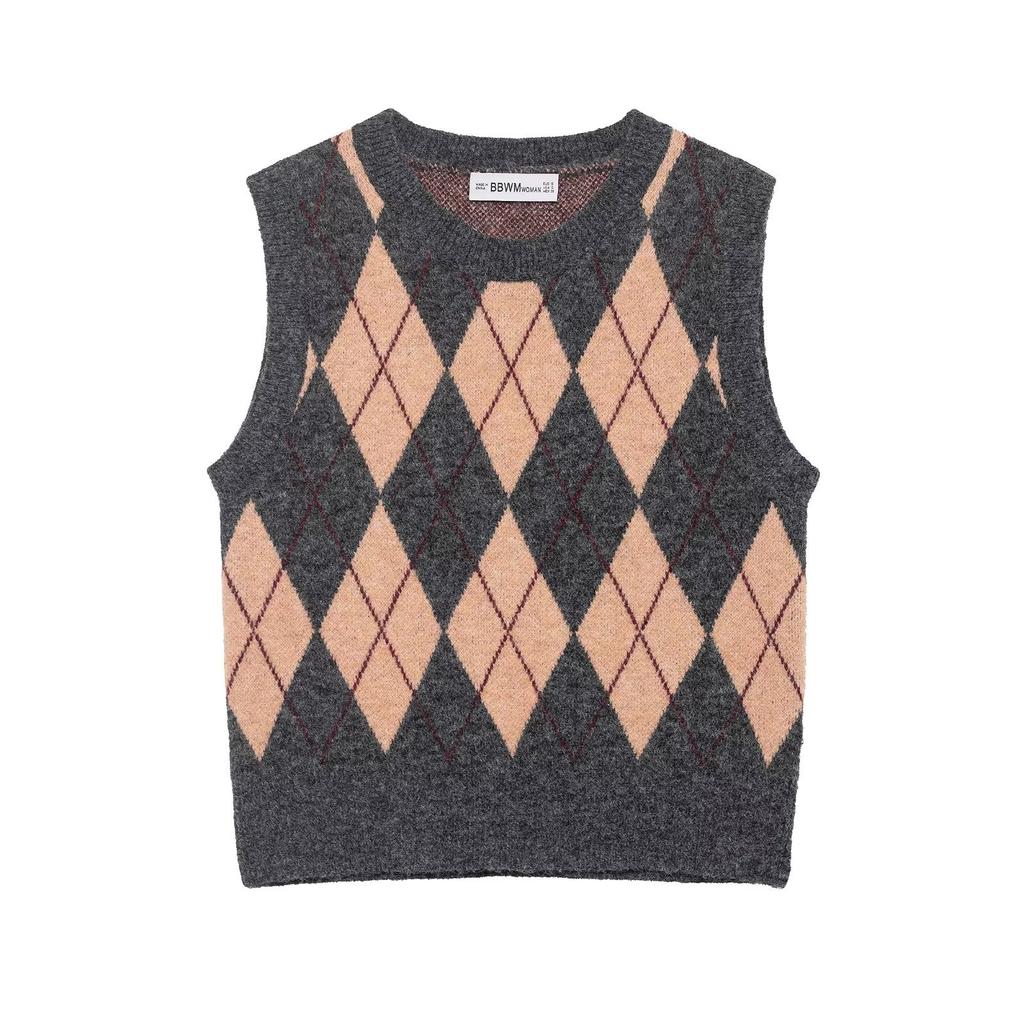 European and American style, new women's clothing, fashionable, versatile, cross-border rhombus pattern vest knitted sweater