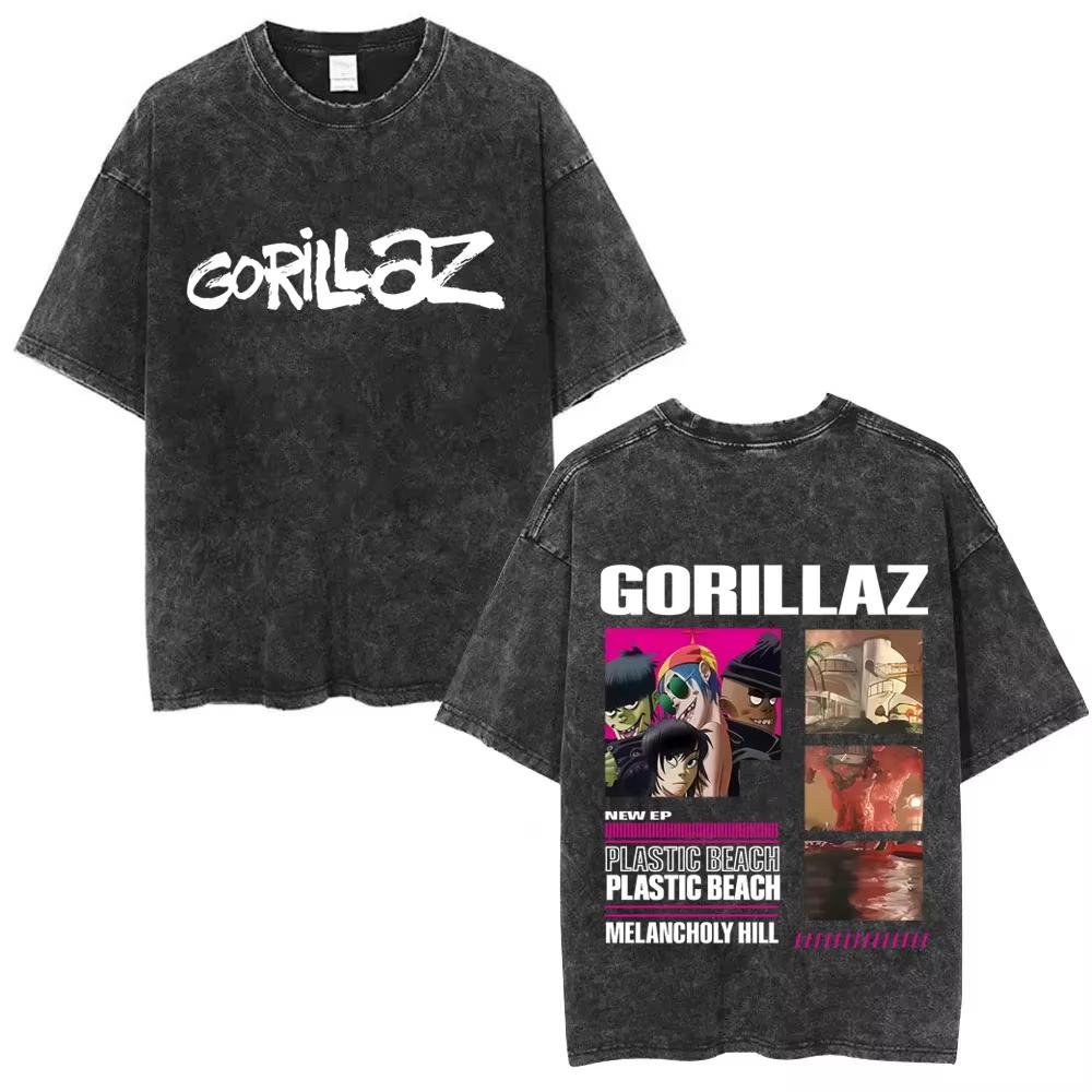 Washed Vintage Rock Band Gorillaz Album Graphic T-shirt Men's Women Hip Hop Fashion Oversized T Shirts Male Cotton Streetwear