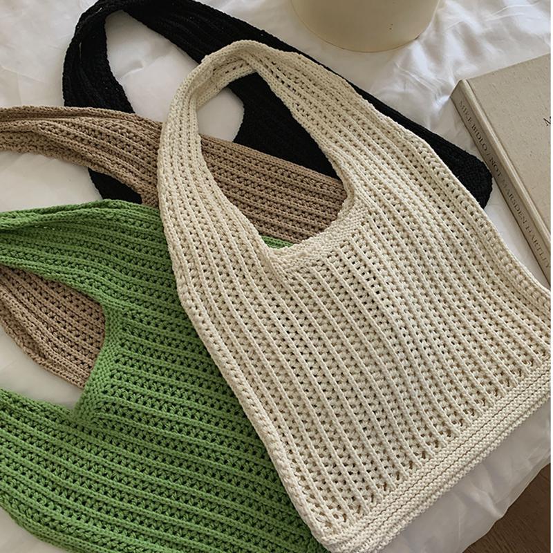 Lässige Hohlmuster Strick-Schultertasche Große Kapazität Mehrfarbig Leichte Taschen Gestrickte Polyester Lässige Tragetasche Urlaub