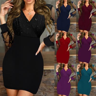 Women's Fashion Sequined Bodycon Dress Elegant Long Sleeve V-Neck Slim Fit Party Dress Formal Occasions Dress