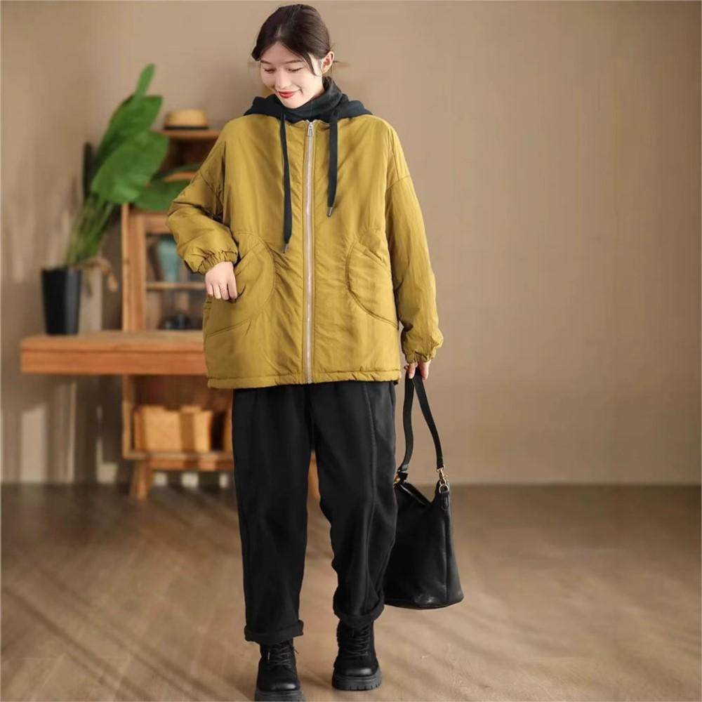 Johnature Women Vintage Winter Hooded Zipper Solid Color Coats Long Sleeve Pockets Female Casual Coats