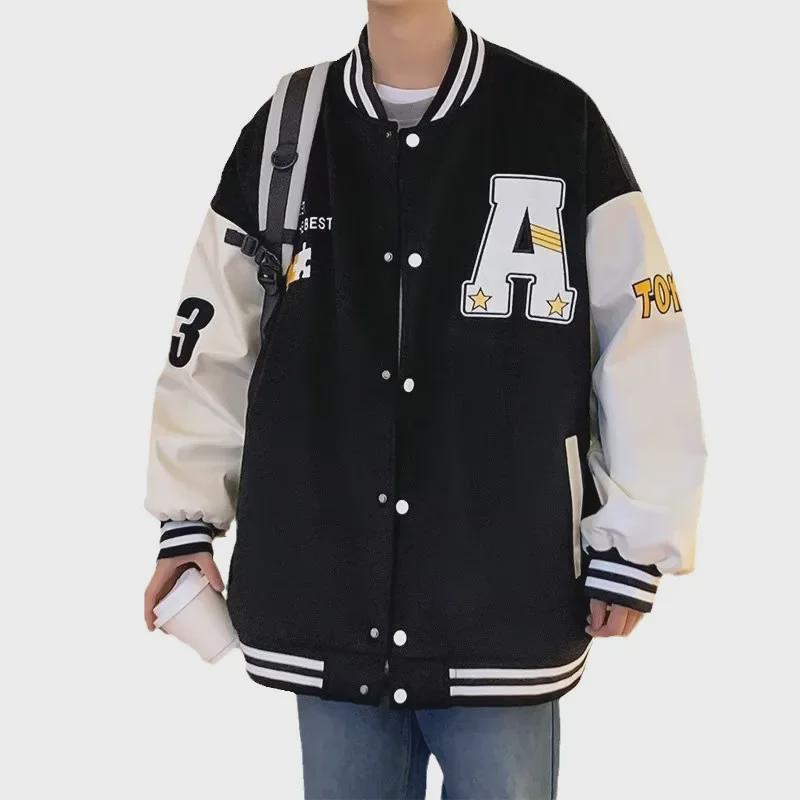 Men's Retro High Street Baseball Jacket: Autumn Fashion, Contrast Stitching, Loose Fit with Letter Embroidery