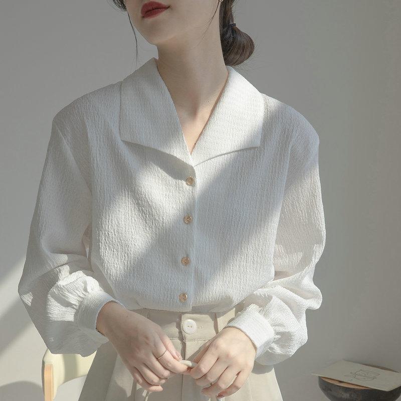 Spring and Autumn  Textured Muscle Lapel Shirt Female Long-sleeved Loose Casual Design Sense Niche Shirt