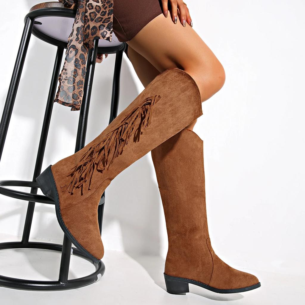 Fashion Brown Womens Knee-High Modern Boots Round Head Tassel Slip-On Western Cowboy Knight Botas Ladies Shoes