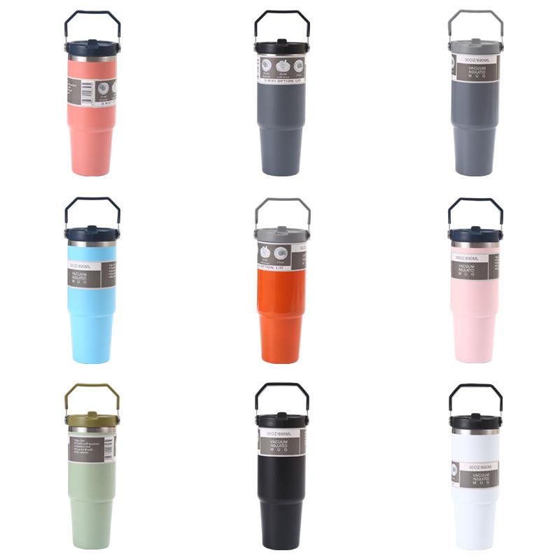 30oz Stainless Steel Tumbler with Handle, 304 Car Cup Holder Friendly, Double Wall Vacuum Insulated Hot Cold Travel Mug, Portable Iced Coffee Cup