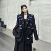 Niche Design Shiny Detachable Butterfly Black Blazer for Women Spring Autumn Loose Padded Shoulder Casual Suit Outerwear