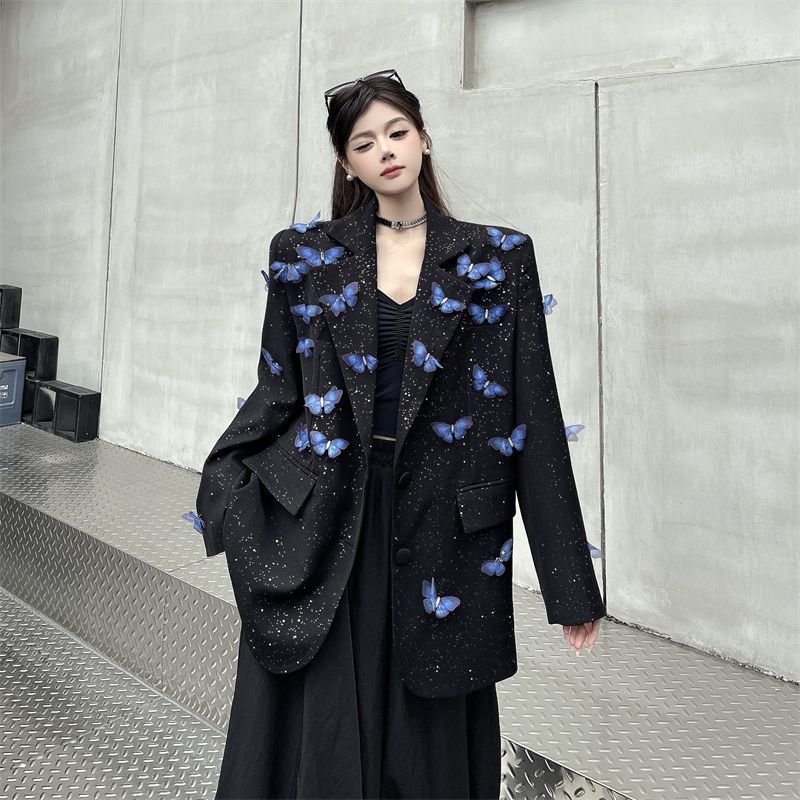 Niche Design Shiny Detachable Butterfly Black Blazer for Women Spring Autumn Loose Padded Shoulder Casual Suit Outerwear