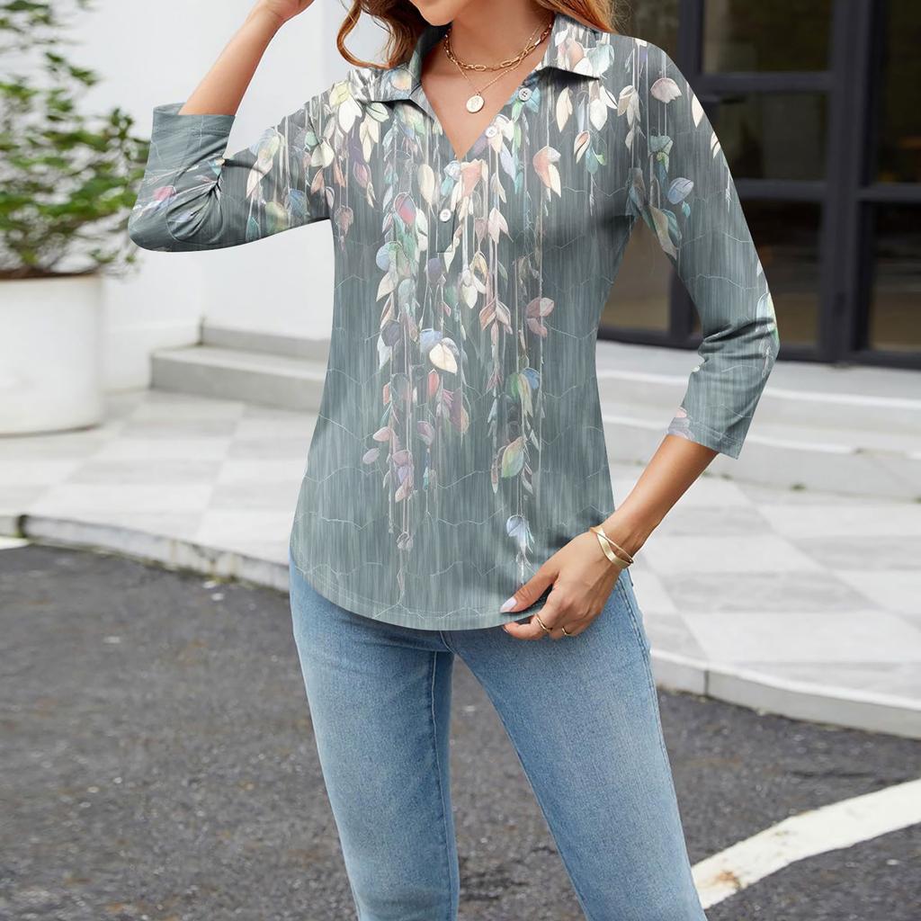 Women's Fashion Casual Long Sleeve Floral Print V-Neck Button Top