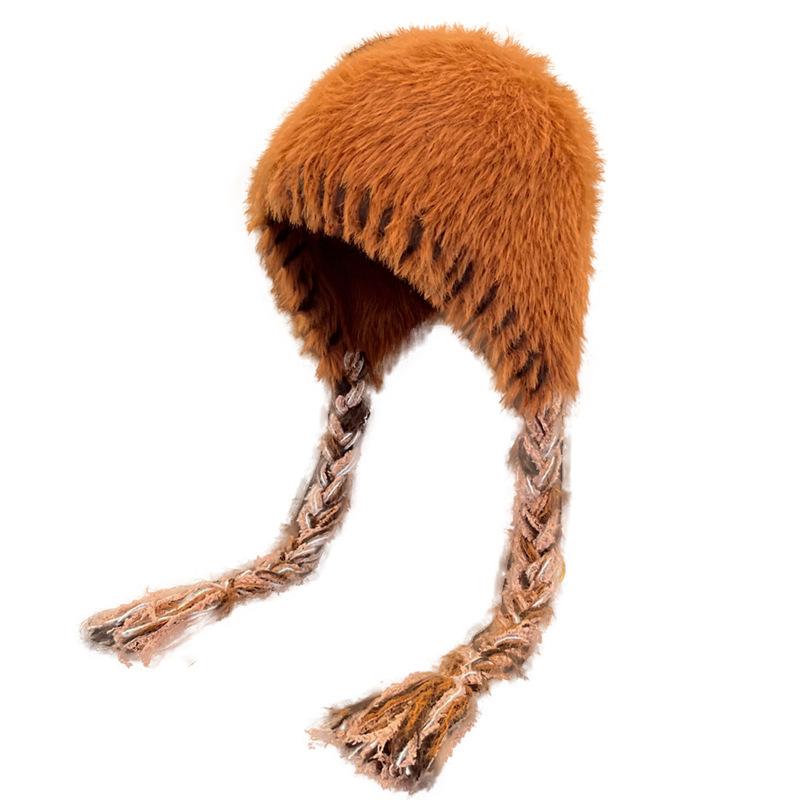 

Большой обхват головы утолщенная плюшевая вязаная шапка женская осенне-зимняя теплая защита ушей косы модная универсальная маленькая сумка шапка 52-56cm коричневый