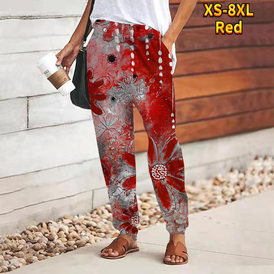 Women Flower Printing Pants Lace Up Elastic Waist Loose  Trousers Casual Long Pants Trousers with Pockets