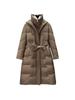 Women's Stylish Over-the-knee White Duck Down Jacket - Long, Slimming, Warm, Waist-Cinched Belted Winter Outerwear.