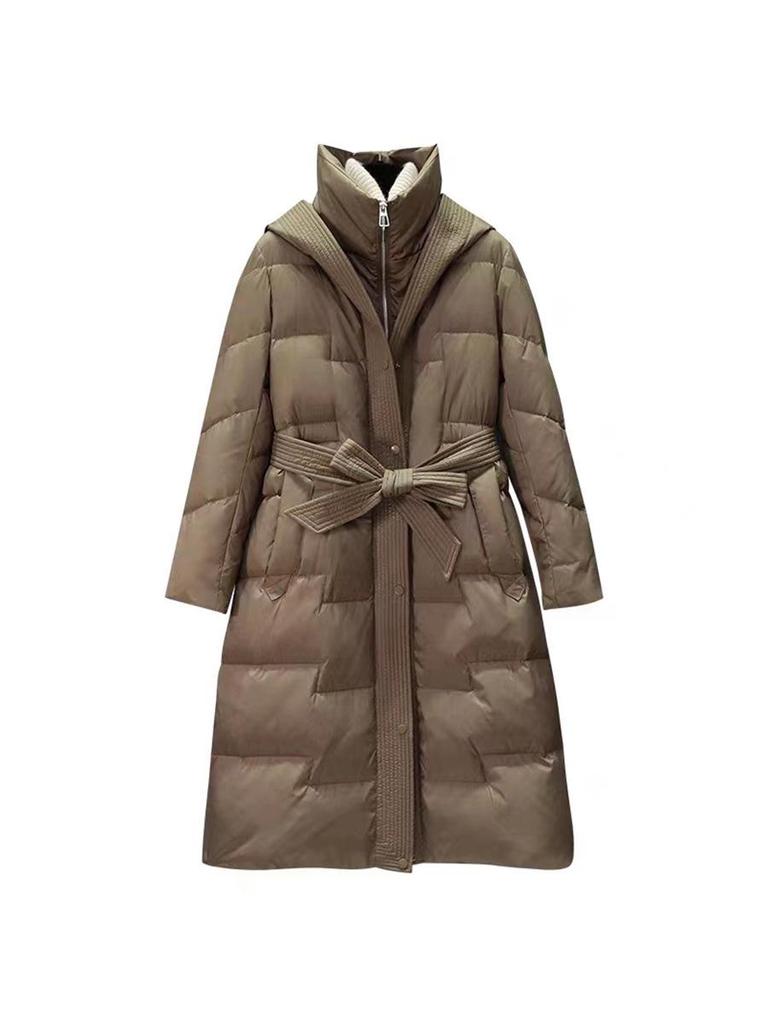 Women's Stylish Over-the-knee White Duck Down Jacket - Long, Slimming, Warm, Waist-Cinched Belted Winter Outerwear.