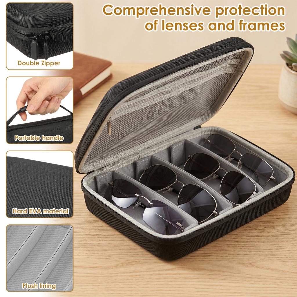 4 Slot Sunglasses Travel Case Portable Glasses Storage Box with Adjustable Slot Hard Shell Eyeglasses Case Sunglasses Organizer#