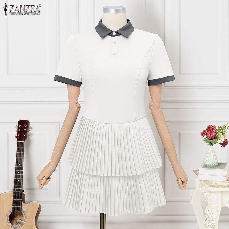 ZANZEA Women Summer Casual Short Sleeve Splice Polo Dress